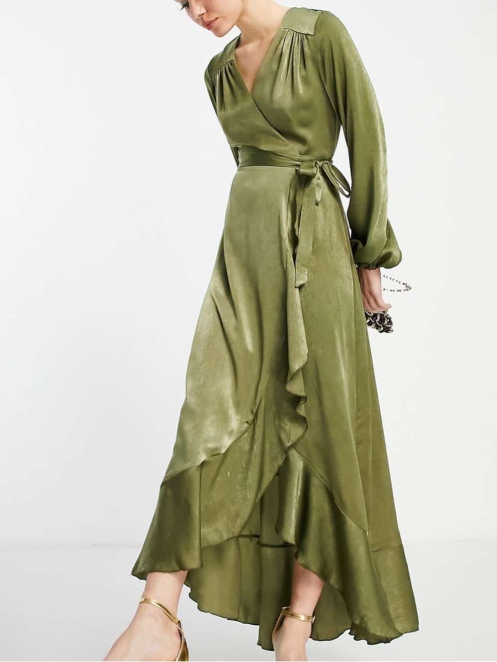 ASOS Flounce London Satin Long Sleeve Wrap Maxi Dress in Khaki Size 2